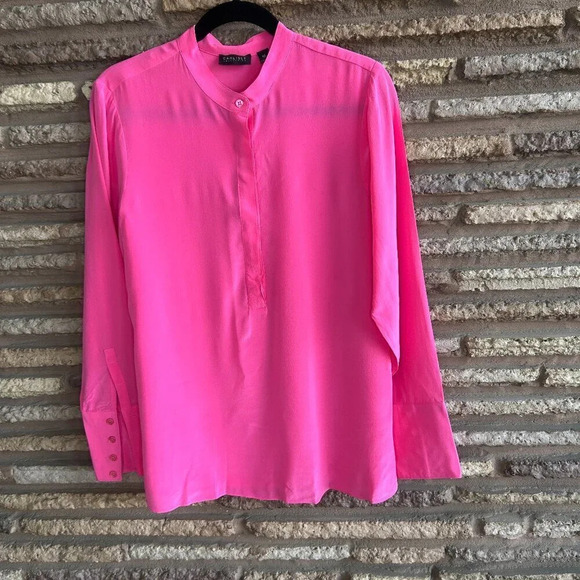 Carlisle Collection Bright Hot Pink 100% Silk Mandarin Collar Blouse Size 10 - Picture 1 of 6